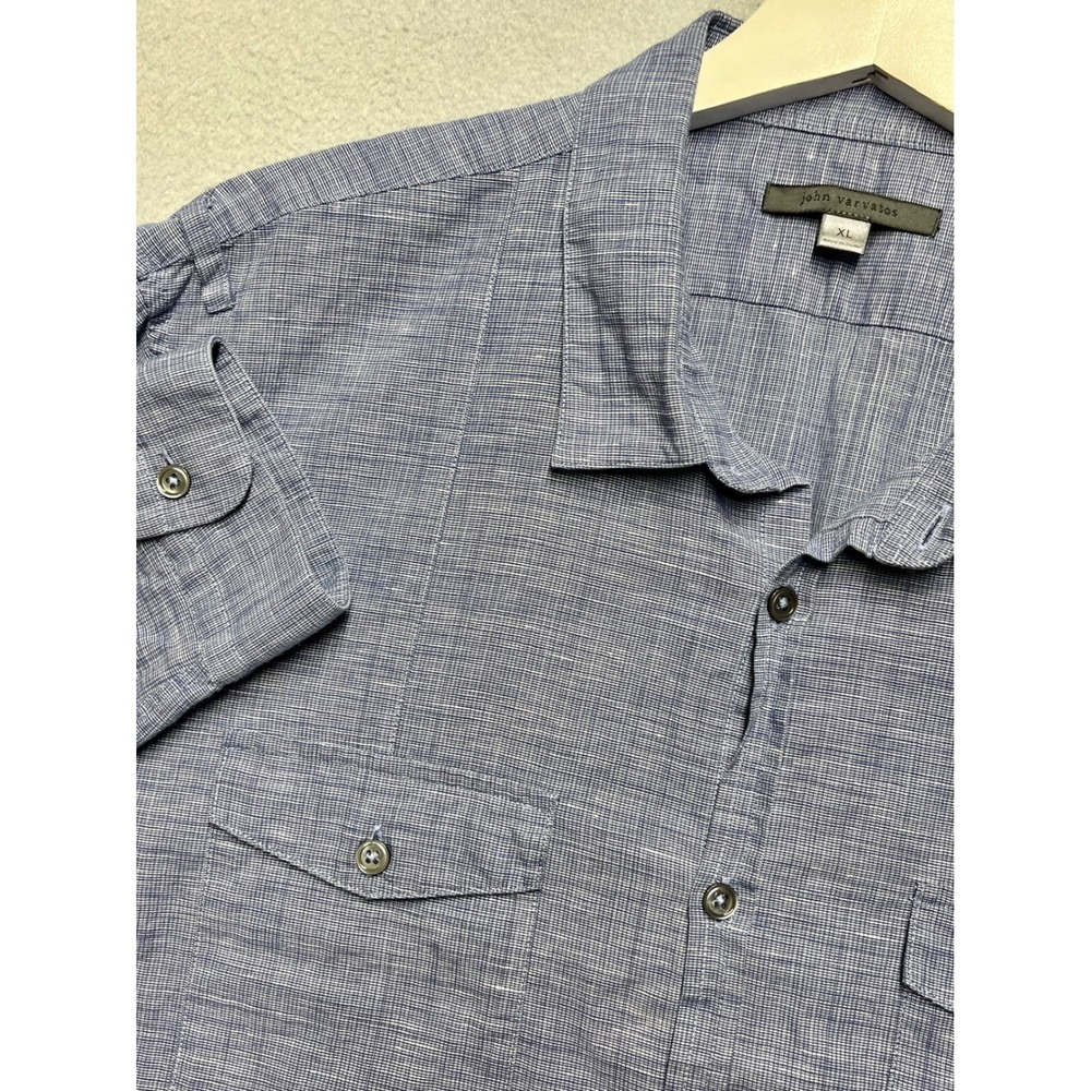 John Varvatos Mens‎ XL Blue Cotton Linen Crosshatch Button Down Shirt W302V4